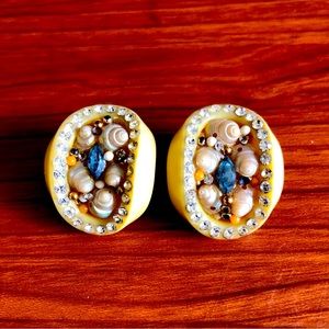 Vintage Oval Bakelite Butterscotch Rhinestone Clip Back Earrings